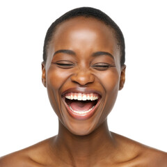 Joyful woman laughing with transparent background, showcasing her bright smile and radiant skin, embodying happiness and positivity