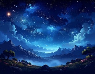 Digitally painted serene nightscape with starry sky, mountains, and clouds