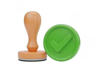 Wooden handle green checkmark stamp isolated on transparent background