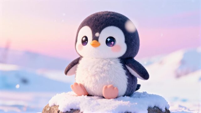super kawaii chibi penguin big sparkling eyes rounded proportions pastel winter background soft gradients ultra cute aesthetic perfect for penguin awareness day