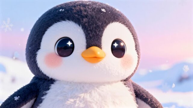 super kawaii chibi penguin big sparkling eyes rounded proportions pastel winter background soft gradients ultra cute aesthetic perfect for penguin awareness day