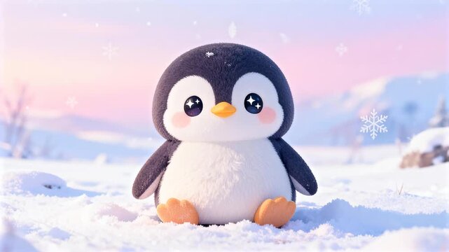 super kawaii chibi penguin big sparkling eyes rounded proportions pastel winter background soft gradients ultra cute aesthetic perfect for penguin awareness day