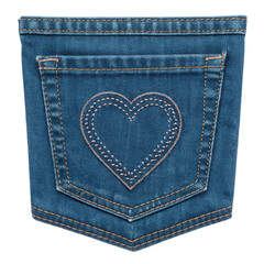 Denim back pocket with heart design showcases transparent background, perfect for creative projects and fashion designs