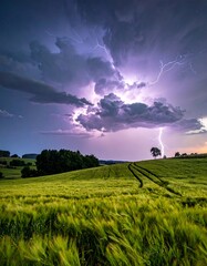 Dramatic lightning strikes over a vibrant green landscape