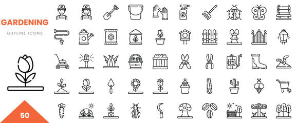 Collection of outline icons depicting various gardening tools and elements in a minimalist style.