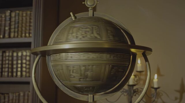 Ancient globe and illuminated candles in a library setting