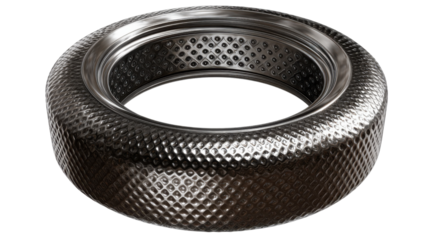 Stainless steel knurled ring featuring a textured surface, industrial component concept, isolated on transparent background