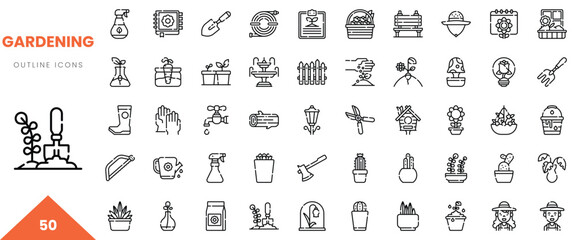 A collection of 50 gardening outline icons featuring tools and plants.