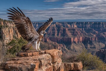 Naklejka premium Majestic Eagle with Wings Spread Over Grand Canyon View