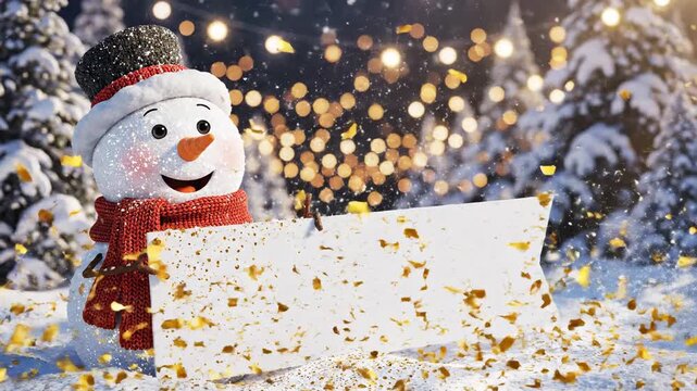 Festive snowman with blank sign surrounded by sparkling lights and falling golden confetti in winter wonderland scene