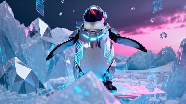 highly stylized 3d render anthropomorphic penguin futuristic sleek silver armor digital glacier neon blue pink lighting cyberpunk aesthetic perfect for penguin awareness day