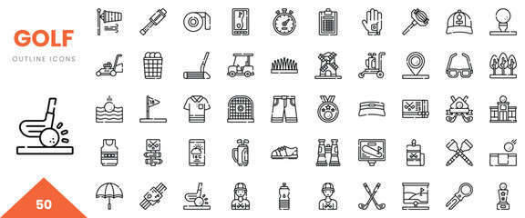Collection of golf outline icons representing various elements of the sport.