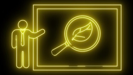 Neon graphic figure pointing to a leaf under a magnifying glass on a display - Powered by Adobe