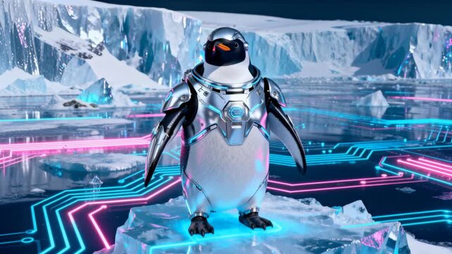 highly stylized 3d render anthropomorphic penguin futuristic sleek silver armor digital glacier neon blue pink lighting cyberpunk aesthetic perfect for penguin awareness day