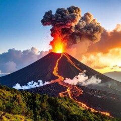 Erupting stratovolcano with molten lava and billowing smoke