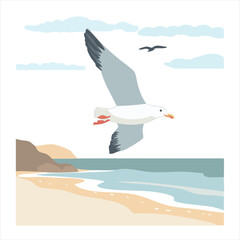Seagull soaring above a tranquil beach scene