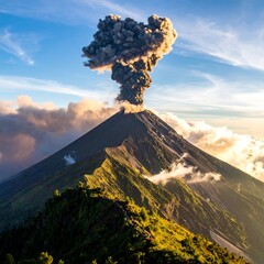 Epic volcanic eruption with ash plume against blue sky at sunrise