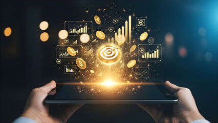 Financial technology and digital currency growth illustrated by a tablet displaying a holographic interface with coins and charts, symbolizing investment and trading opportunities