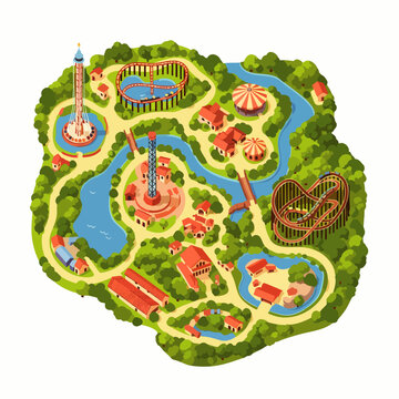 Detailed Aerial View of a Vibrant Amusement Park with Various Rides and Attractions.