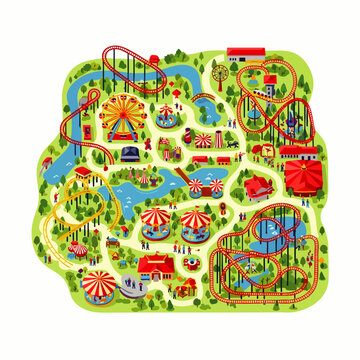 Amusement Park Map with Roller Coasters and Ferris Wheel.