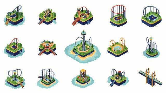 Isometric Water Park Attractions Set with Slides and Pools.