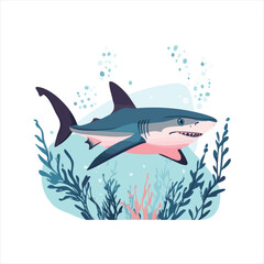 Oceanic shark illustration with kelp and bubbles
