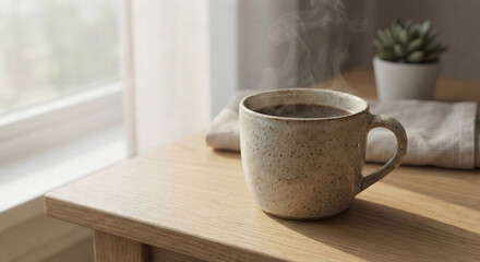 Photorealistic Modern Ceramic Coffee Cup with Steam in Morning Light
