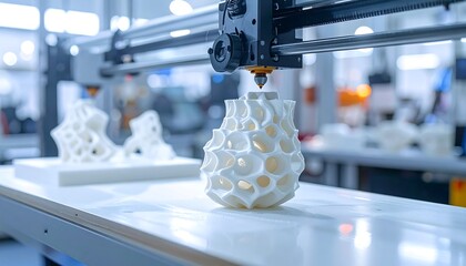 Modern 3D printer creating intricate white object, lab setting