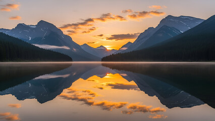 Morning sunrise over the calm lake with a beautiful reflection of the snow-capped mountains and blue sky, creating a scenic winter landscape panorama