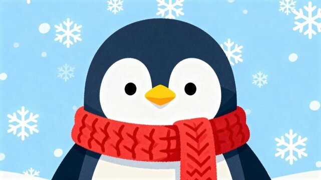 cute cartoon penguin wearing red wool scarf snowflakes falling cozy winter theme clean commercial vector perfect for penguin awareness day