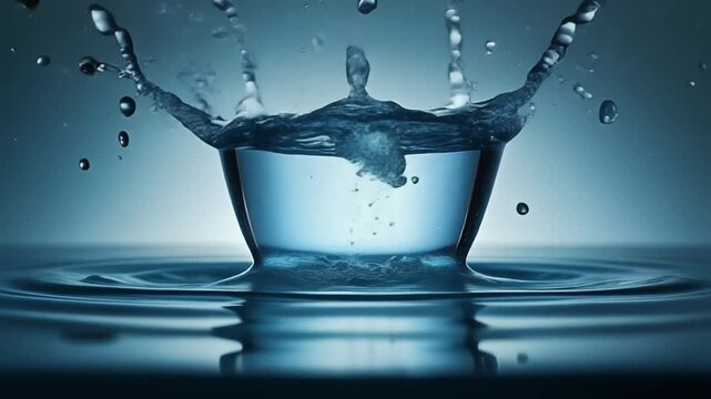 Minuman segar transparan biru dengan es batu dan memercikkan air jernih dalam penuangan gerakan