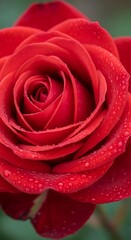 Velvety Red Rose with Delicate Water Droplets Close-Up.