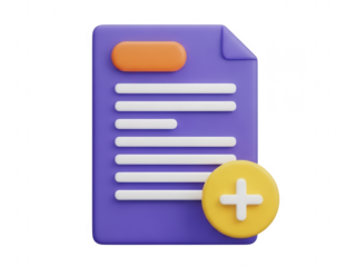 3d purple document icon with plus sign isolated on transparent background