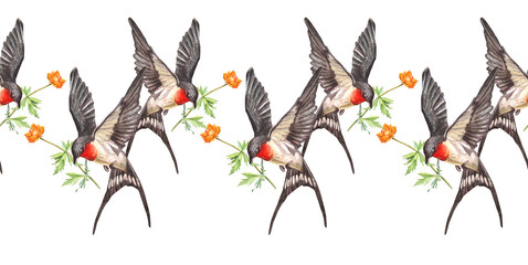 Watercolor seamless border with swift flying swallow with orange flower in sky on white background. Spring and summer bird for card or wedding celebration invite. Sketchbook or wallpaper or wrapping