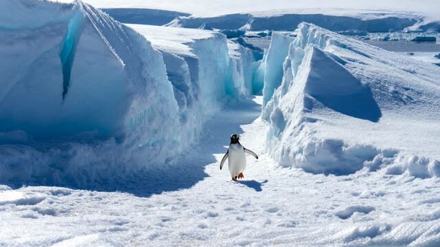 single penguin walking across snow valley between high ice ridges long range exploration theme perfect for penguin awareness day