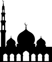 Mosque silhouette with minaret and domes on a clean background.