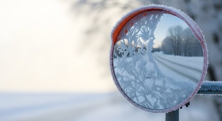 Frosted convex traffic mirror showing a snowy winter road and serene landscape for winter travel safety concept and icy conditions