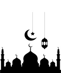 Traditional mosque silhouette with crescent moon and hanging lantern.