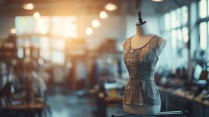 A conceptual background featuring an unfinished garment on a mannequin in a well-lit fashion studio with a modern vibe.