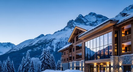 Luxury ski resort hotel facade illuminated in snowy alpine mountains at twilight for winter vacation concept and exclusive mountain retreat