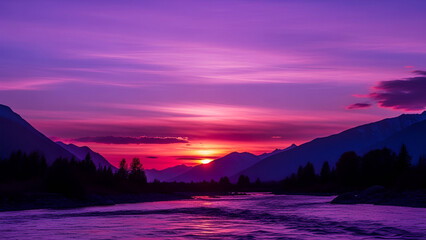 Beautiful sunset and sunrise in the mountains reflect vibrant orange sky clouds over lake water and sea ocean horizon at dusk