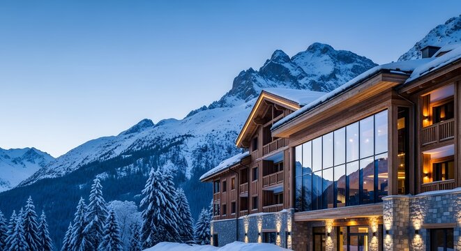 Luxury ski resort hotel facade illuminated in snowy alpine mountains at twilight for winter vacation concept and exclusive mountain retreat