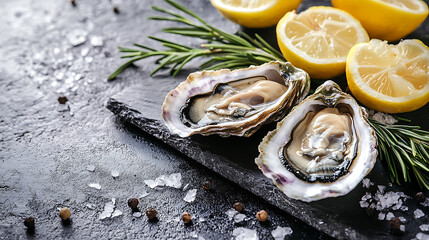 Fresh oysters paired with zesty lemon and rosemary arranged for gourmet food presentation