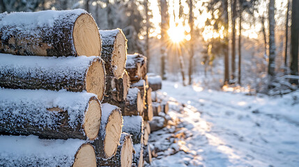 Frozen timber pile stacked in a rural forest environment showcasing a cold winter scene