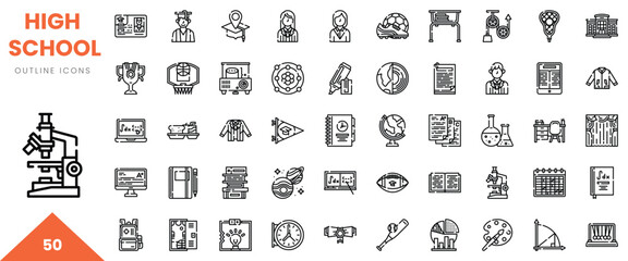 Collection of high school outline icons depicting education-related themes and elements.