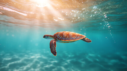Graceful sea turtle swimming upward beneath shimmering sunlight in a vibrant underwater scene