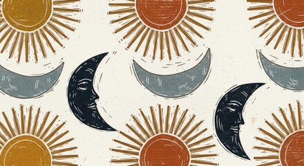 Seamless pattern of suns and moons in various phases with orange, yellow, and gray hues