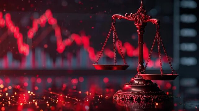 Symbol of Impartiality: An antique balance scale stands tall against the backdrop of a red financial chart, symbolizing the balance of justice and economic downturn.