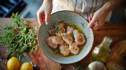 A woman marinating chicken in a bowl with spices and olive oil, preparing for grilling.