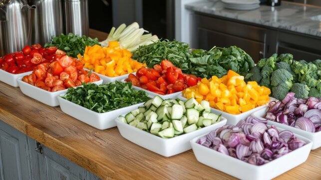 A variety of colorful vegetables and fruits arranged on a wooden countertop, ready to be chopped for a salad.